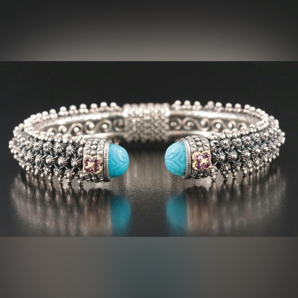 BARBARA BIXBY TURQUOISE, GARNET  LOTUS CUFF BRACELET STERLING SILVER, 18KT GOLD - Picture 4 of 9